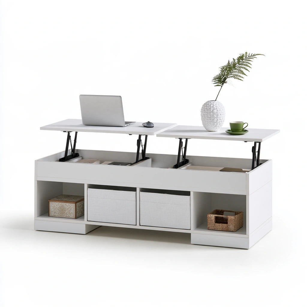 Moderner Couchtisch, mit klarer Formgebung, mit anhebbarer Platte, Farbe: weiß