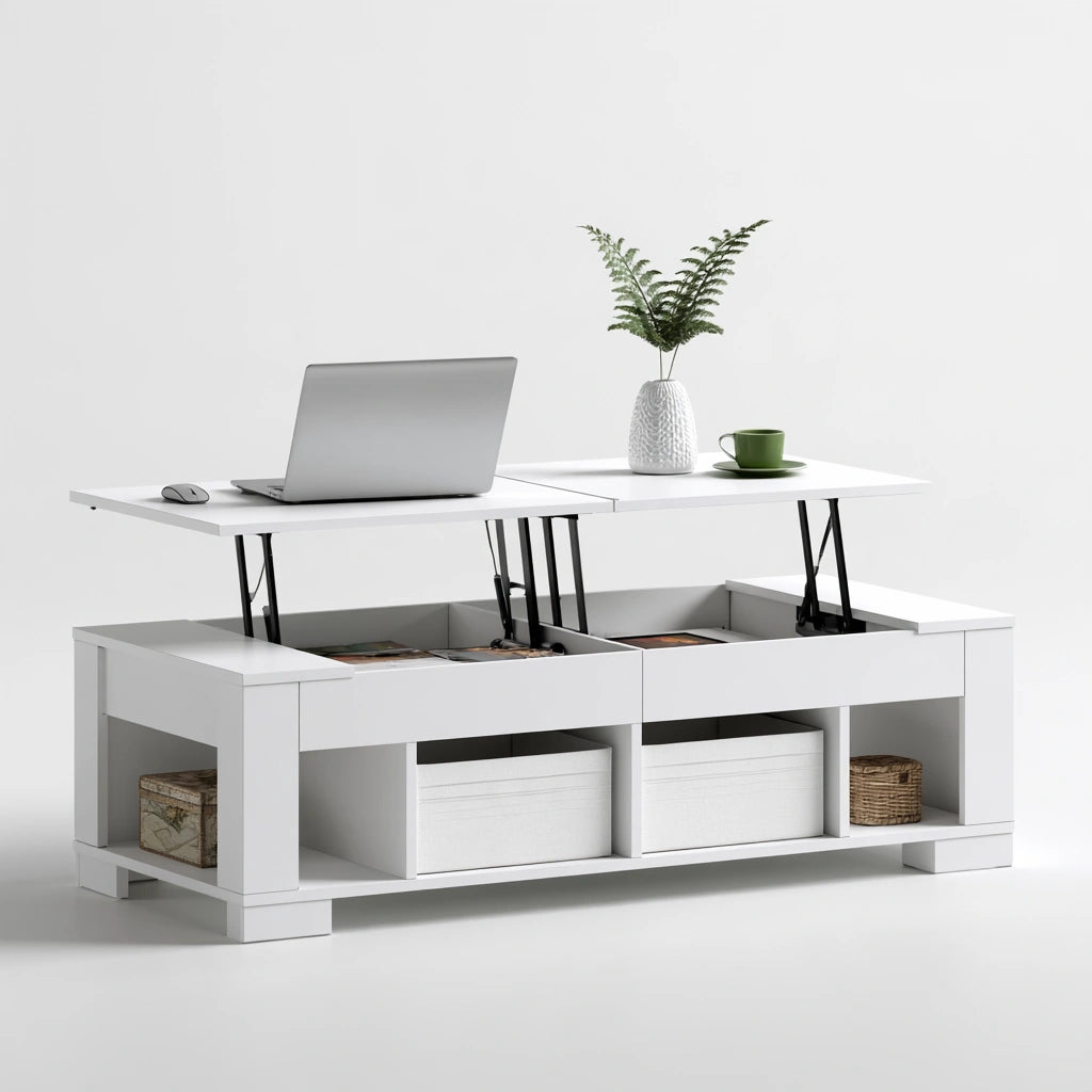 Moderner Couchtisch, mit klarer Formgebung, mit anhebbarer Platte, Farbe: weiß