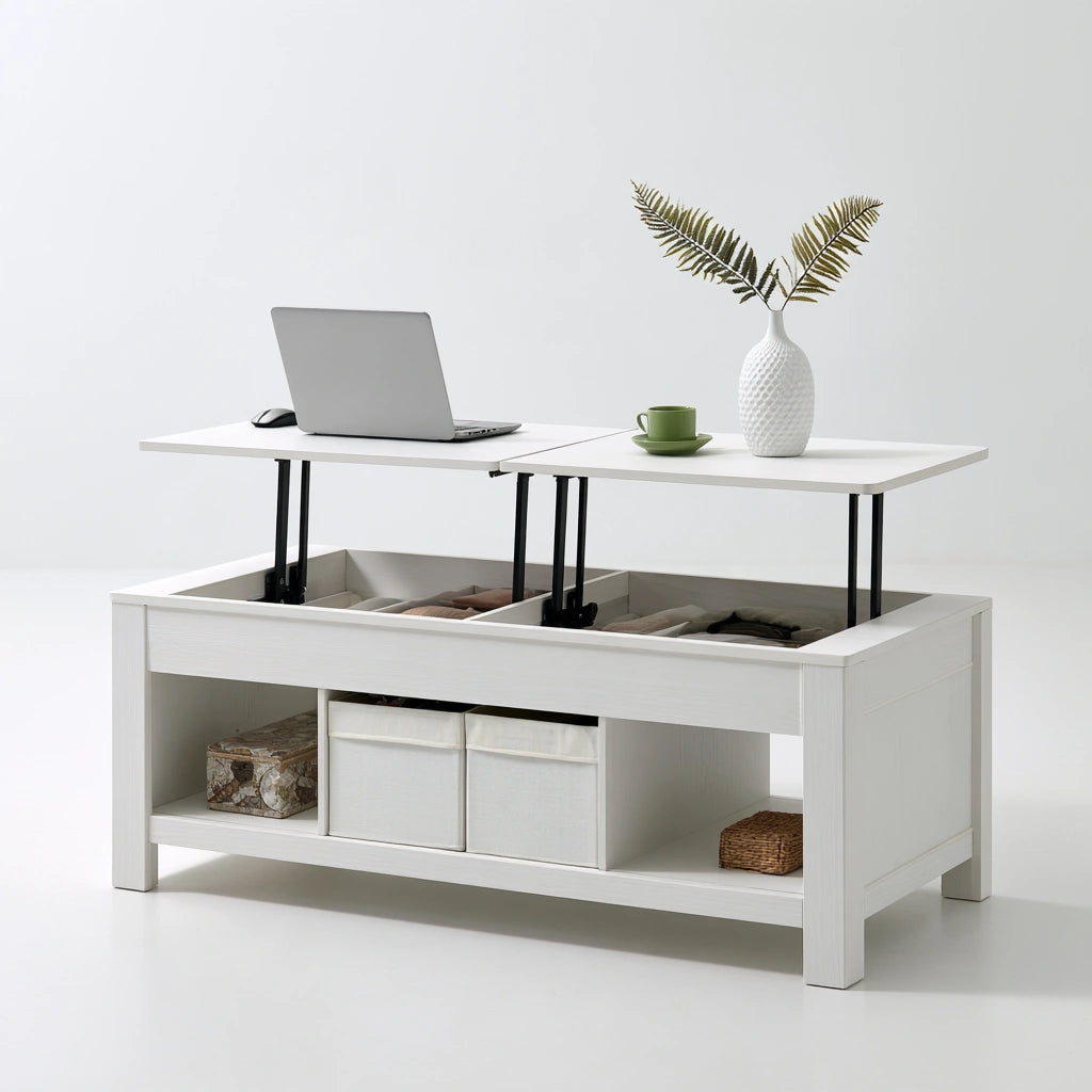 Moderner Couchtisch, mit klarer Formgebung, mit anhebbarer Platte, Farbe: weiß